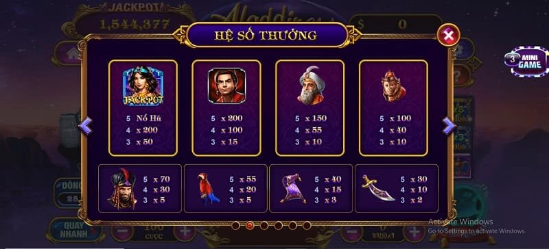 Hệ số thưởng trong quay hũ Aladins 